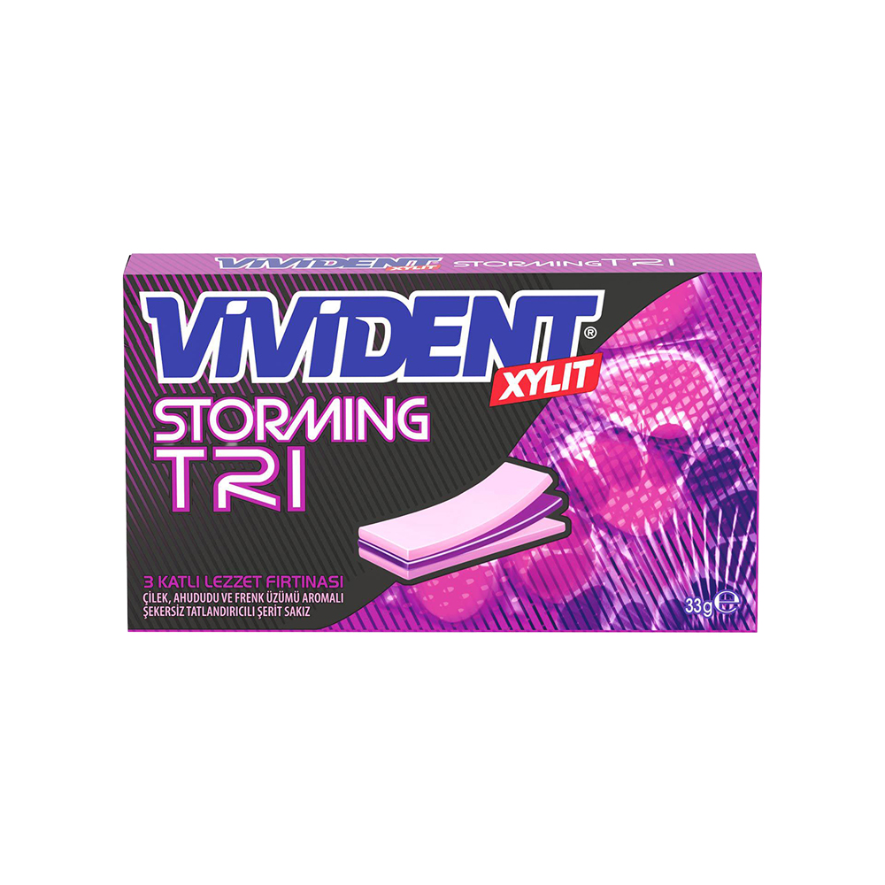 Vivident Storming Tri Çilek, Ahududu ve Frenk Aromalı Sakız (33 g)